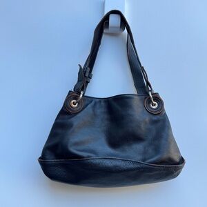 Nicoli Black Pebble Leather Brown Trim Shoulder Bag